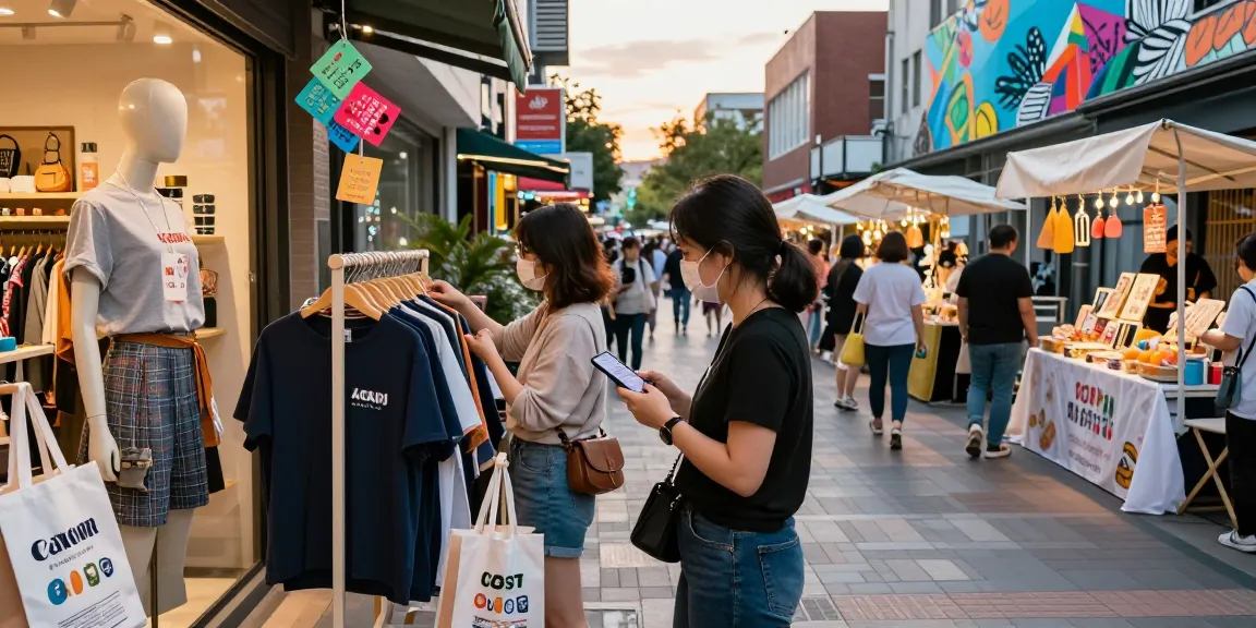 Shopper at an urban retail store holding digital coupons and browsing options from https://forumup.org/shop/search.php?ca_id=&addr1=&addr2=&addr3=&schKeyword= in a vibrant shopping district.