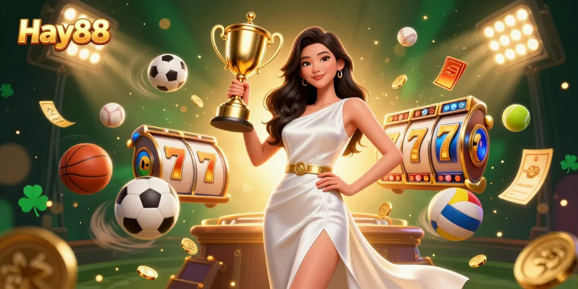 Engage with Hay88's thrilling jackpot experience featuring a confident woman holding a trophy, surrounded by vibrant gaming elements.