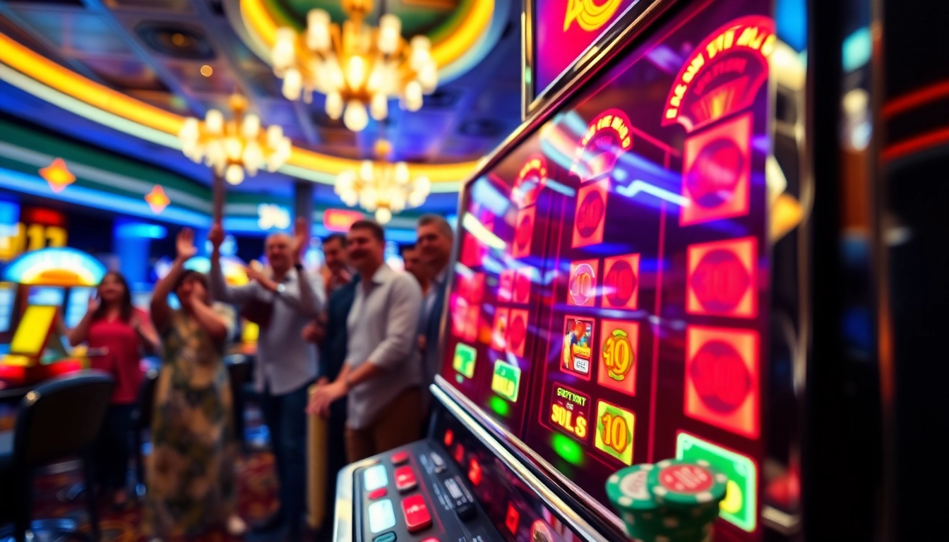 Menang di apk slot dengan mesin slot berwarna-warni dan suasana kasino yang meriah.