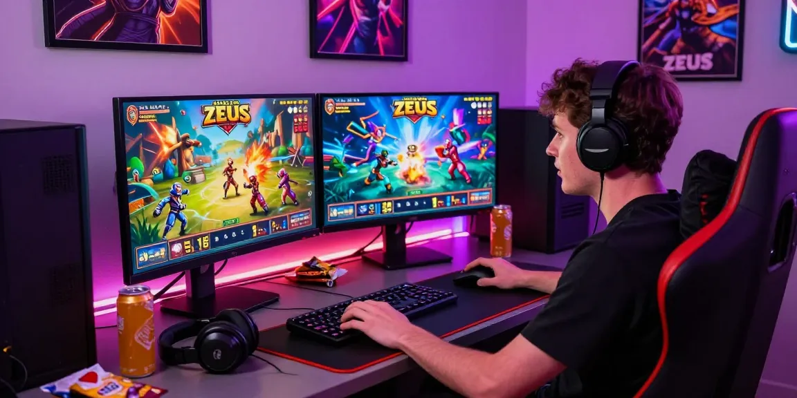 Experience slot zeus action in a vibrant gaming room with dual monitors and neon lighting.