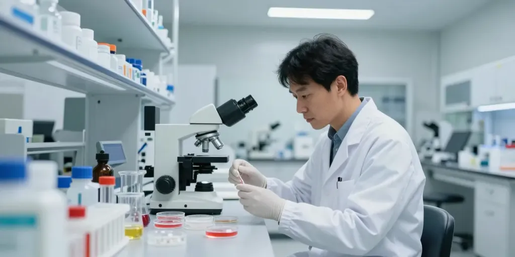 Researcher analyzing SwissChems peptide samples in a high-tech lab.