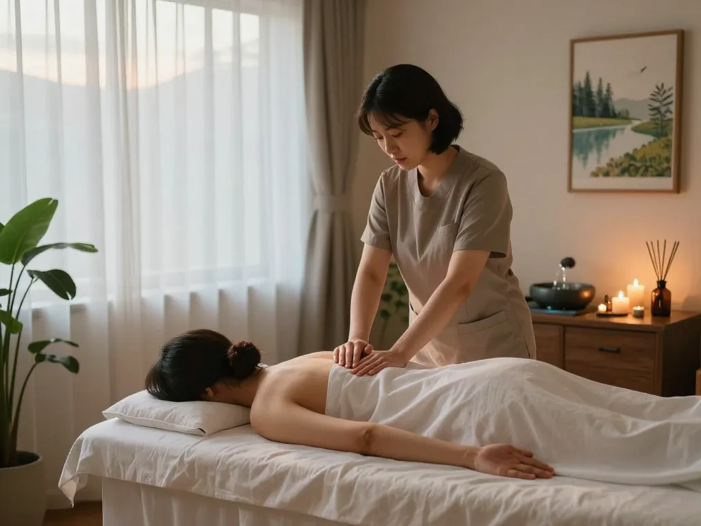 Luxurious treatment room for 잠실스웨디시 massage with calming ambiance, soft linens, and essential oils.
