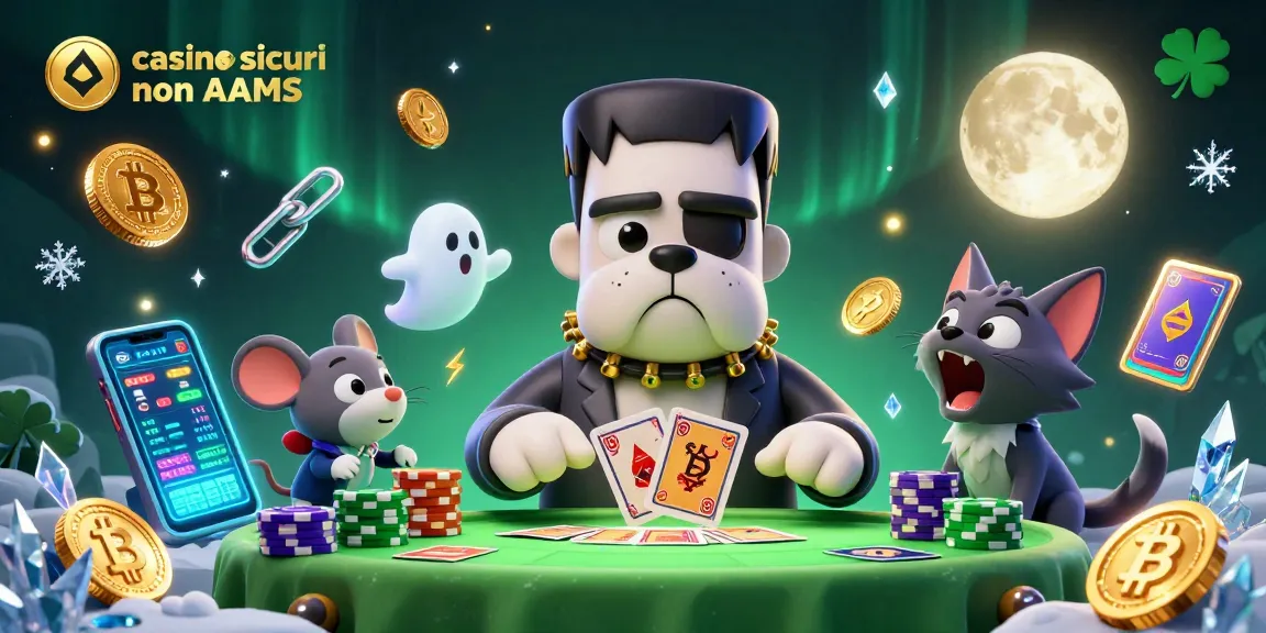 Immagine di casinò sicuri non AAMS con un bulldog Frankenstein che distribuisce carte, un topo fantasma e un gattino licantropo.