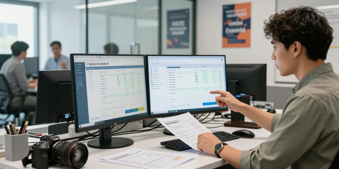 Business analyst detecting fake invoices in a modern office environment, showcasing digital invoice verification using advanced technology.