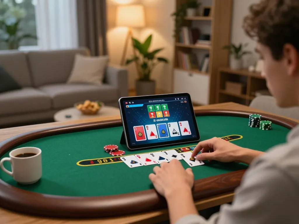 G28 player making strategic bets in an online blackjack game on tablet in cozy home setting.