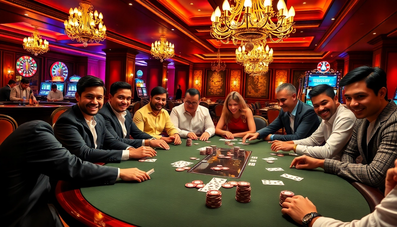 KPI4D poker players immersed in an exciting casino showdown, showcasing chips and cards.