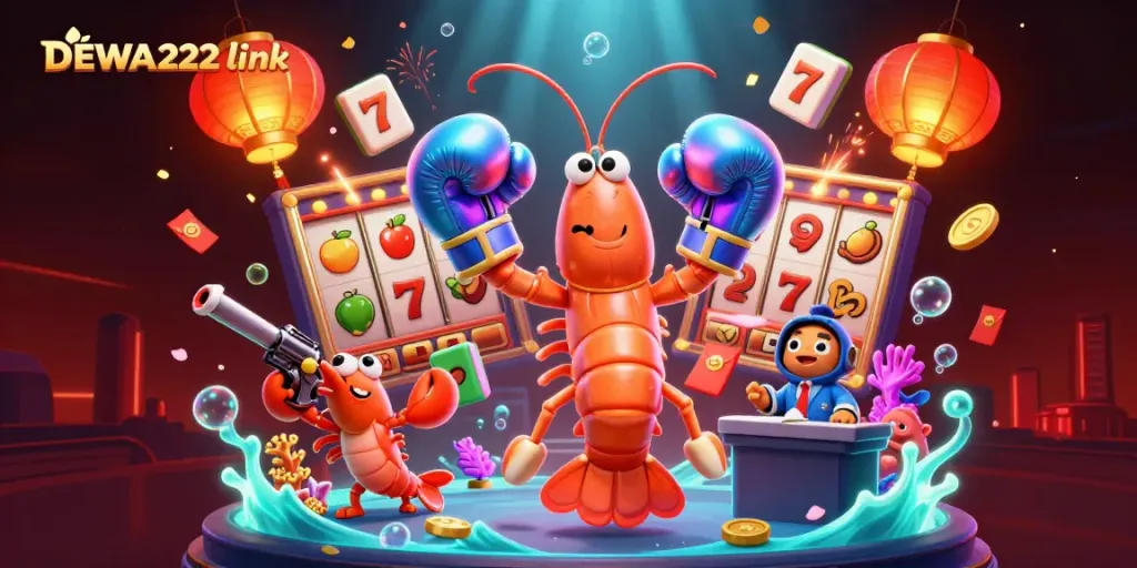 Experience thrilling wins with DEWA222 link in this vibrant 3D illustration filled with colorful casino elements.