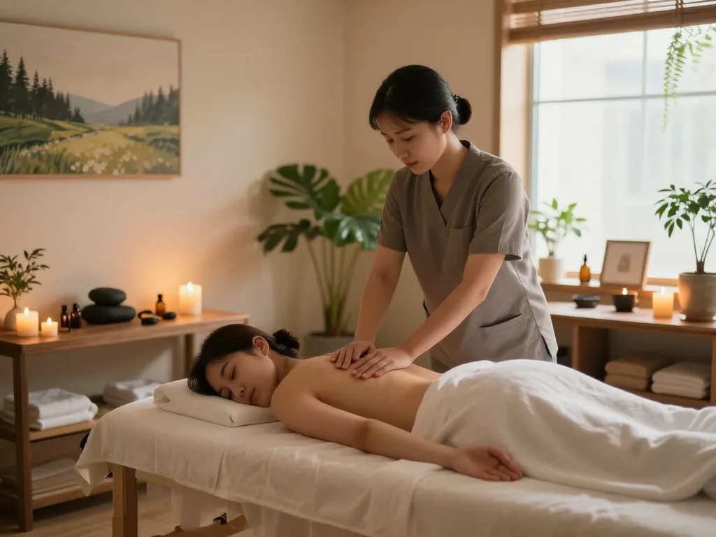 Relaxing 신사동마사지 session in a tranquil spa environment with soft lighting and calming elements.