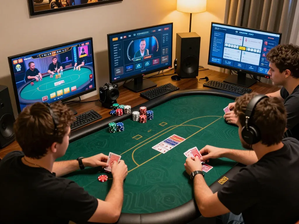 Engaged players strategizing in tg88 vip online poker game at home, showcasing dynamic gameplay.