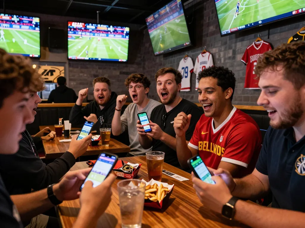 Siti scommesse stranieri seen in action as fans engage with sports betting apps in a lively bar setting.
