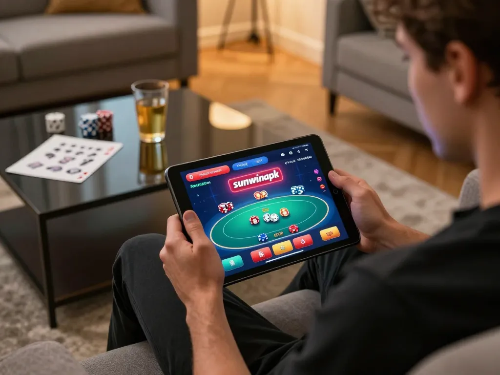 Engaging in online poker using sunwinapk on a tablet, showcasing gaming strategy.