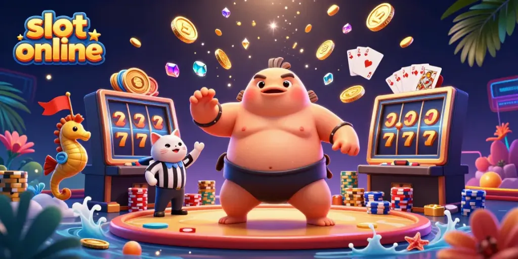 Experience the excitement of slot online games with a colorful underwater casino scene featuring animated characters.