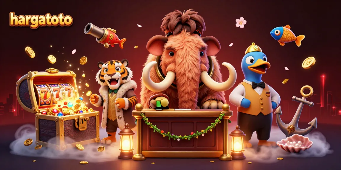 Experience HARGATOTO's vibrant casino atmosphere with a woolly mammoth checking IDs while surrounded by gaming treasures.