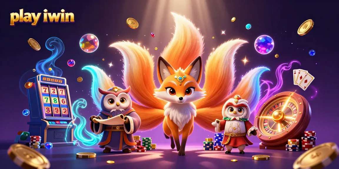 Play iwin to win big with a vibrant 3D scene featuring slot machines, shimmering coins, and magical characters.