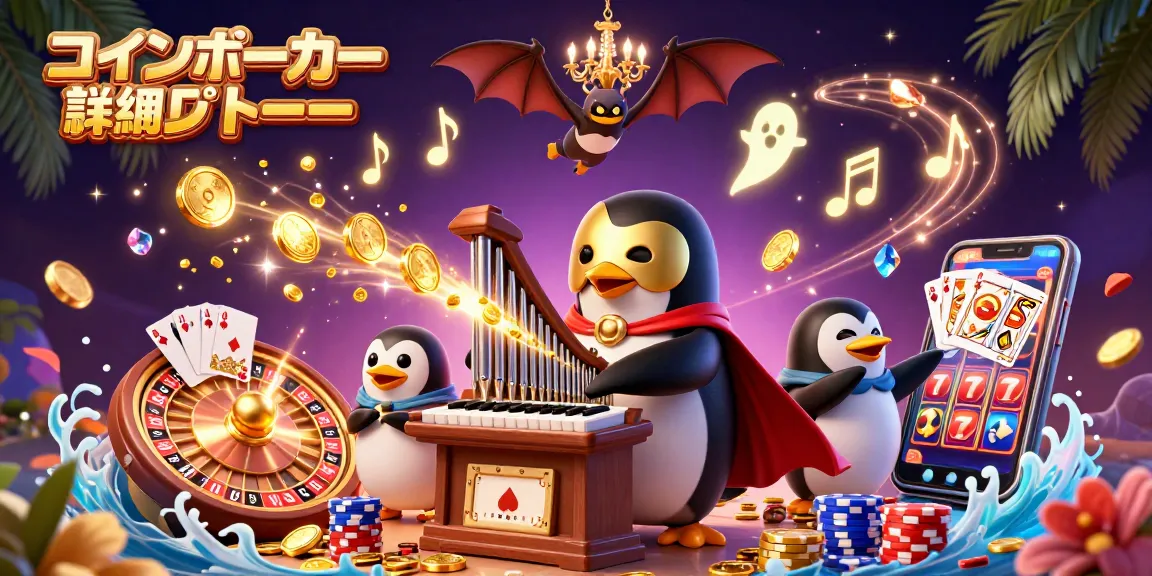 コインポーカー 詳細レビューを祝う、豪華なゴールドコインやカラフルなポーカーチップが飛び交うシーン。