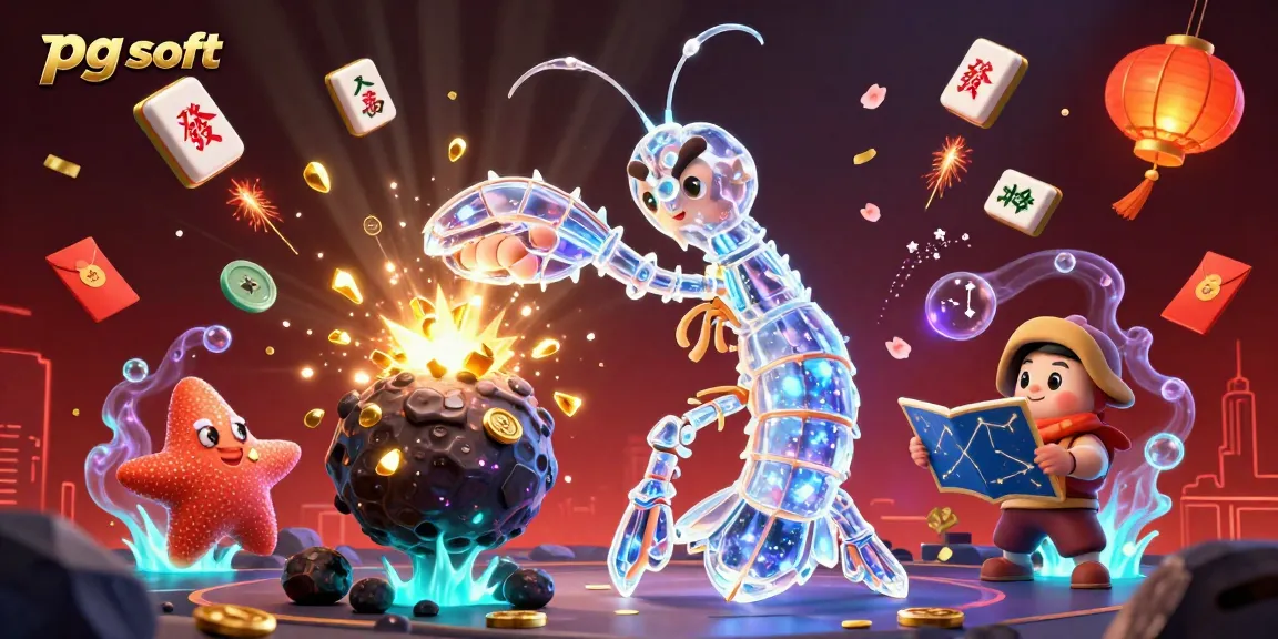 Experience big wins playing pg soft with a lively 3D illustration featuring casino elements and vibrant gems.
