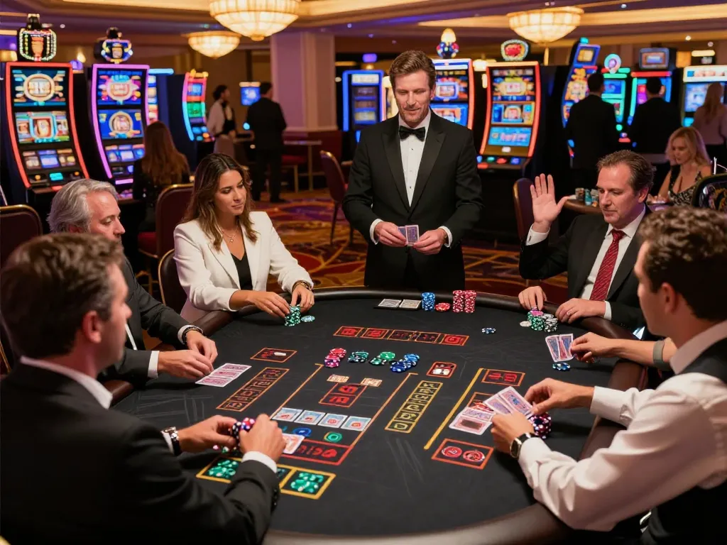 Players engaged at the MM88 blackjack table with vivid chips and cards, emphasizing strategic bets