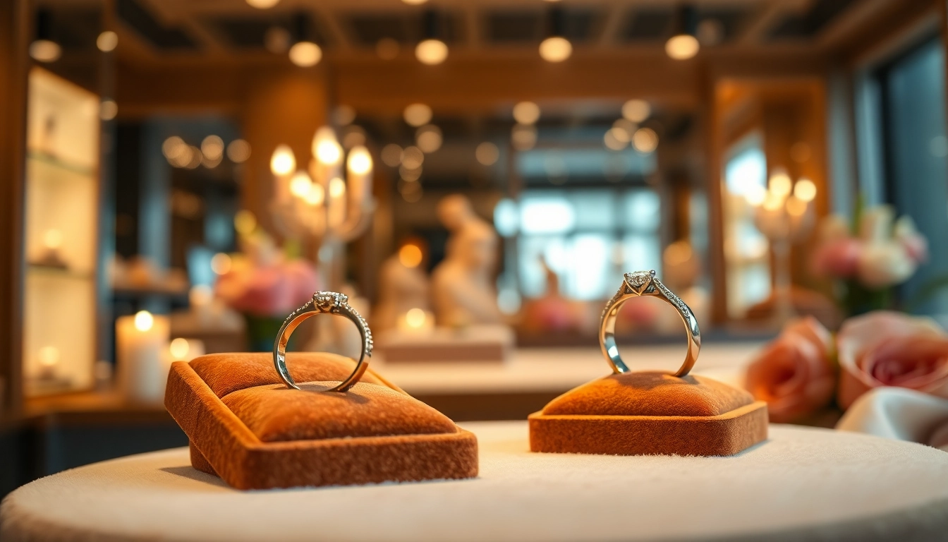 Showcase of exquisite couple rings in a luxurious setting, highlighting their elegant design.