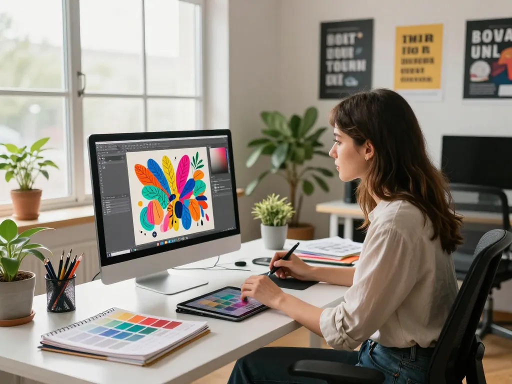 Graphic designer using image to prompt tool for digital art creation in a bright workspace.