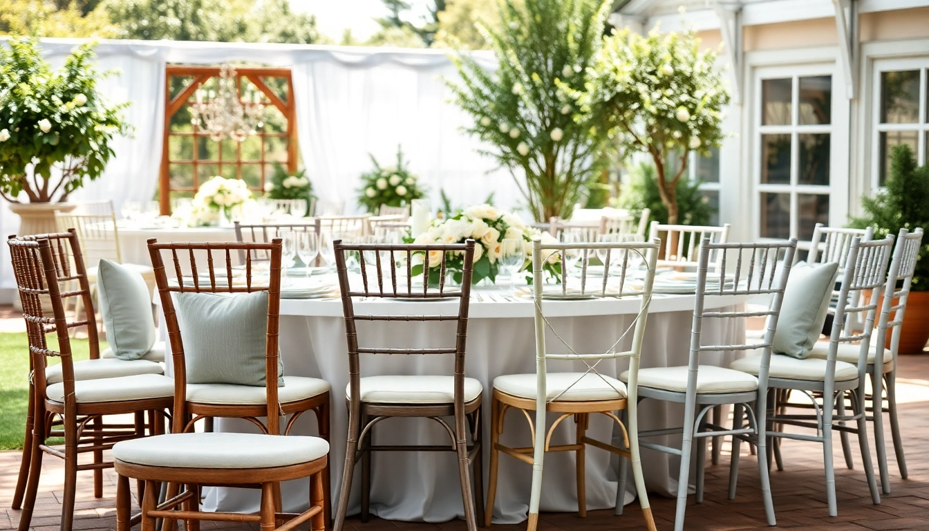 Chair Rentals showcased elegantly in a bright outdoor setting with diverse styles and decorations.