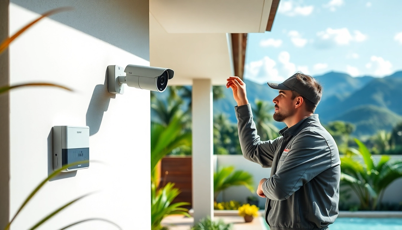 Técnico experto instalando una cámara de CCTV, representando a una empresa de seguridad en Guanacaste.