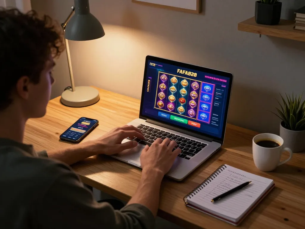 FAFA828 player engaging in online casino gaming session with laptop setup at home