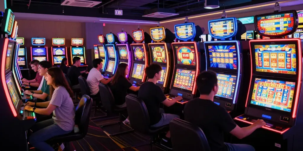 Pengalaman bermain slot777 di arena permainan modern dengan mesin slot berwarna-warni.