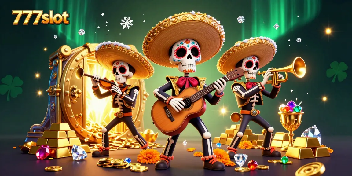 Menggandakan keberuntungan dengan 777slot, band mariachi tulang yang berwarna-warni mengelilingi harta emas di gambar mewah ini.