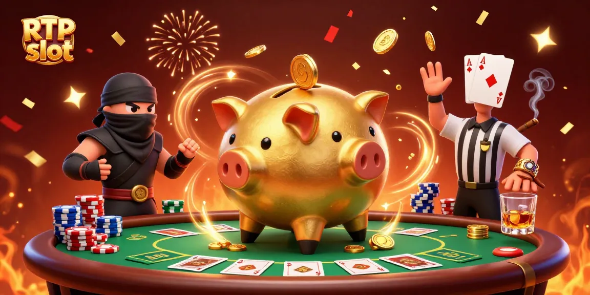 Engaging RTP slot illustration with a piggy bank wrestler and coin action in a vibrant casino scene.