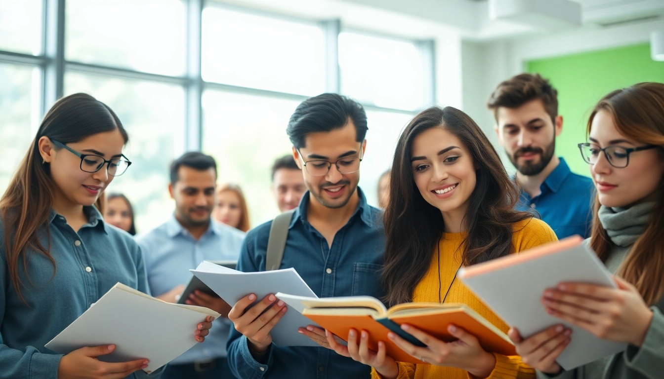 Engaged toefl test takers for hire studying together in a bright office environment.