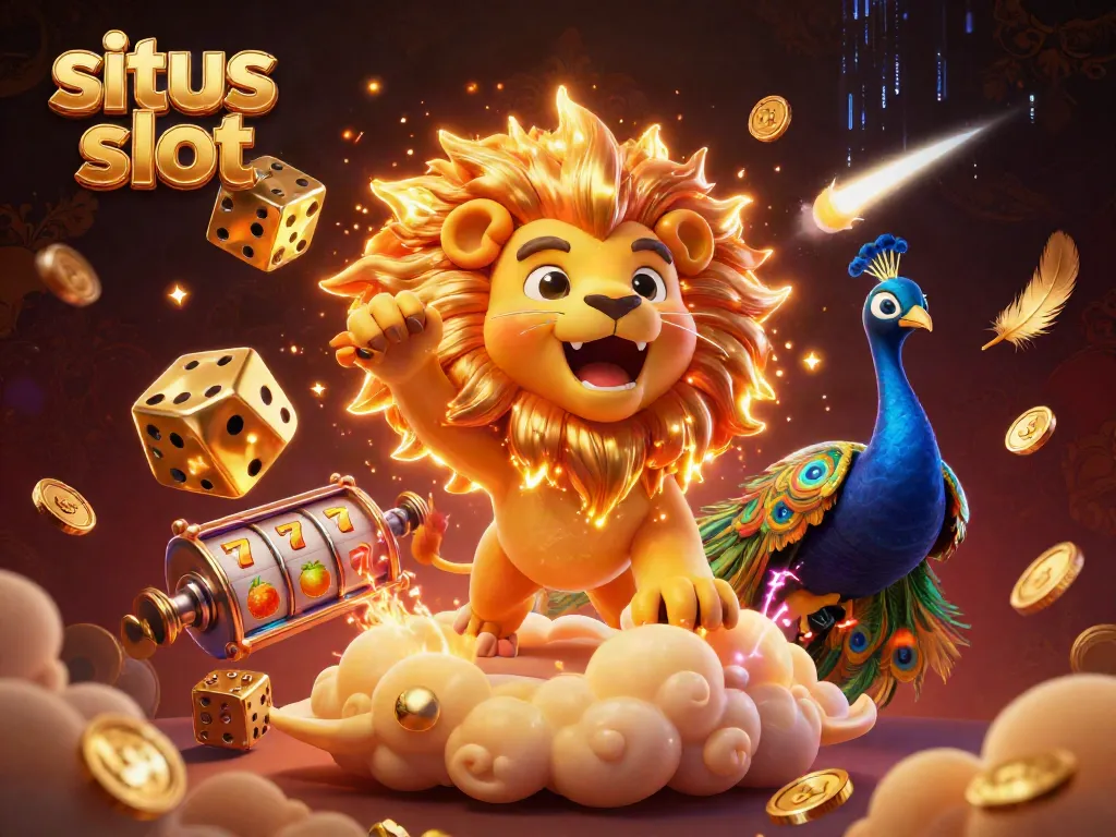 Engage with situs slot action featuring a roaring lion, golden dice, and vibrant symbols in 3D.