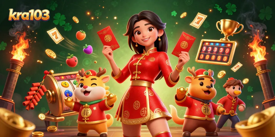 Experience festive gaming action with kra103 featuring an Asian woman surrounded by vibrant slot game elements.