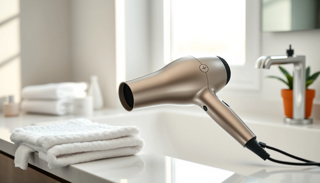 Enhance frizzy hair with a sleek hair dryer on a modern countertop.