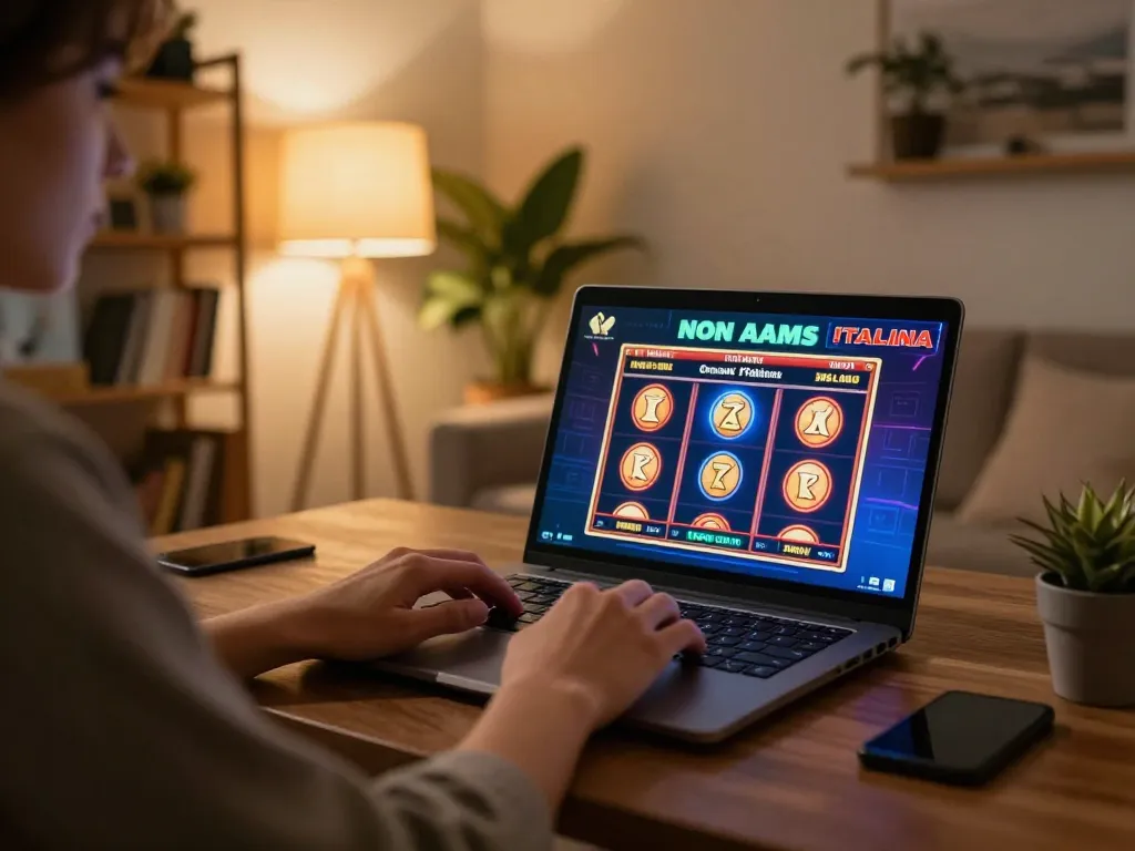 Engaging in casino non aams per italiani with vibrant online slot games on a laptop in a cozy home setup.