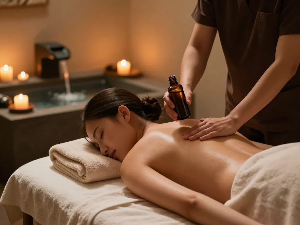A client enjoying a 부전동마사지 in a serene spa setting, highlighting relaxation and wellness.