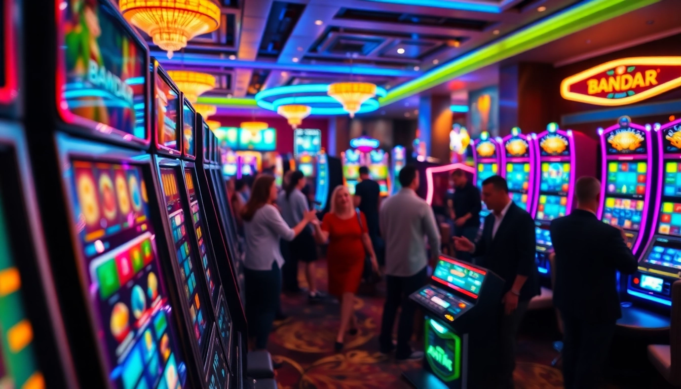 Main bandar slot machine surrounded by excited players in a lively casino setting.