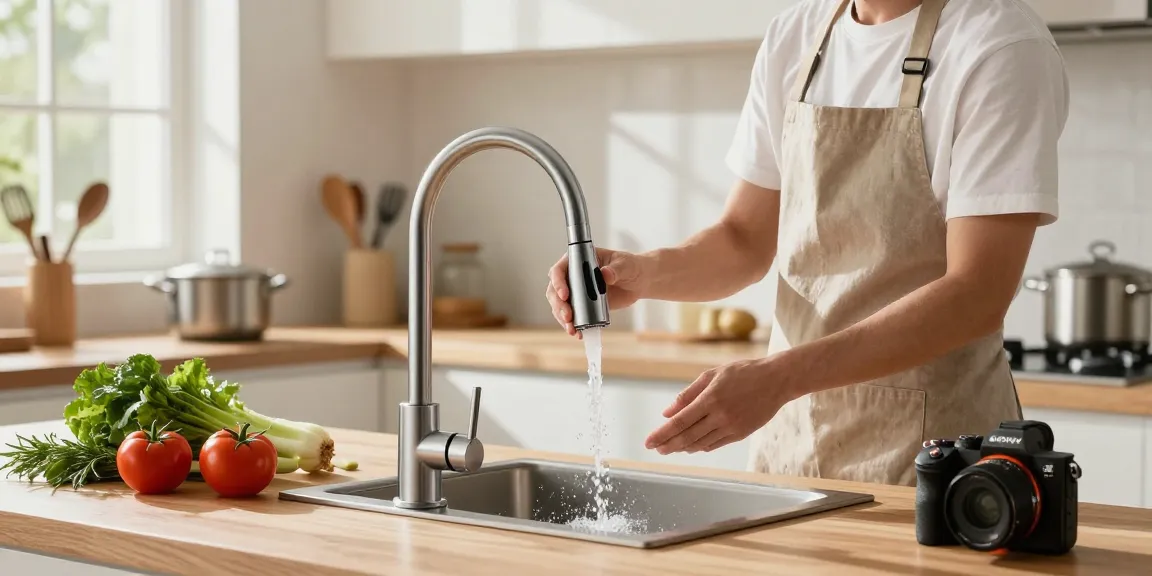 Kitchen faucets showcased in a modern kitchen with a chef preparing fresh ingredients.