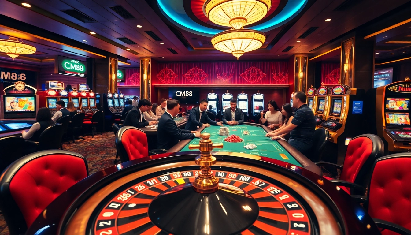 Experience the excitement of the casino with link CM88 featuring players at roulette and poker tables.
