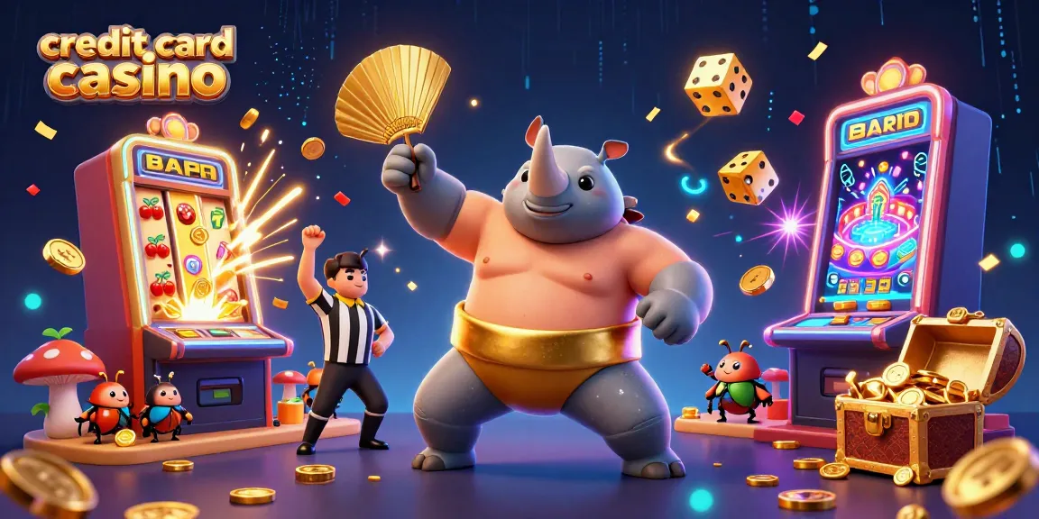 Witness the action at a credit card casino with a sumo beetle champion sending coins flying in this vibrant scene.