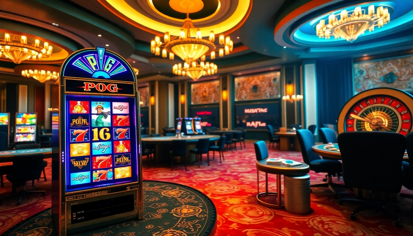 Engaging scene with a pg slot machine at a vibrant casino, highlighting excitement and luxury.