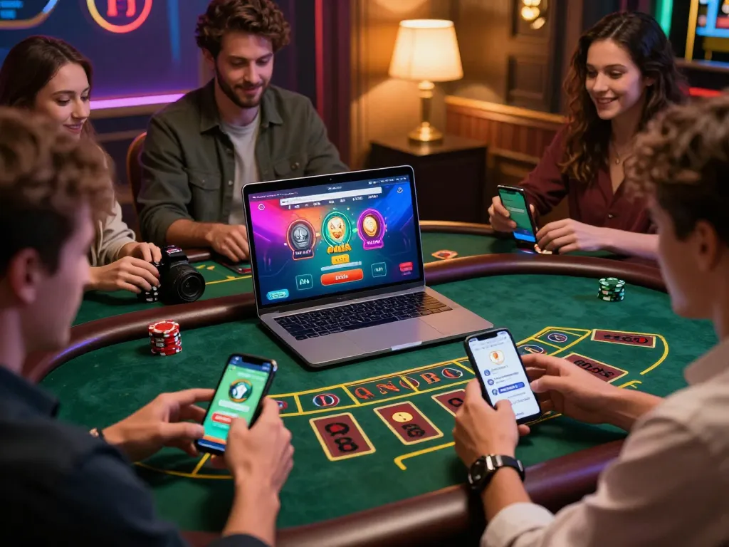 Friends enjoying an engaging live dealer baccarat game on an interactive 바카라사이트 with colorful graphics and warm ambiance.
