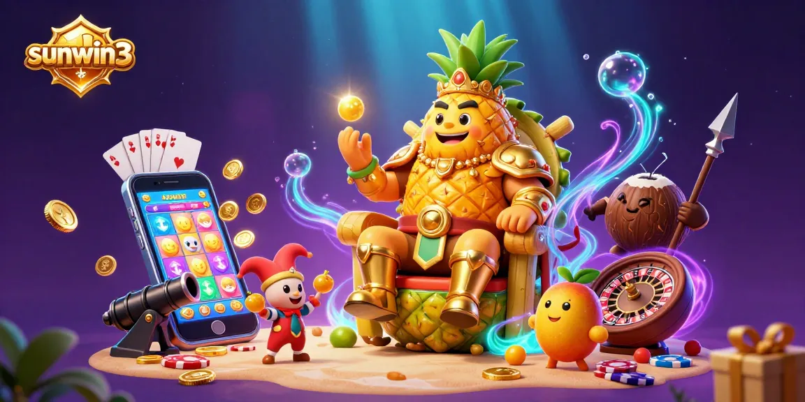 Engage with sunwin3’s vibrant casino scene featuring a pineapple king, golden coins, and slot games.