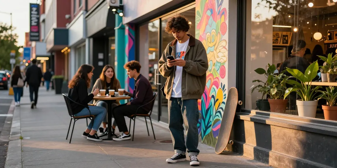 Young adult in stylish streetwear enjoying urban life while checking https://shs-dome5.com/ during sunset.