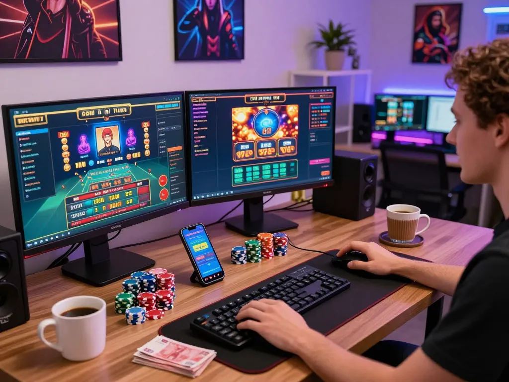 Pengalaman menarik seorang pemain online menjelajahi permainan kasino situs gacor dengan pengaturan desktop yang menarik.