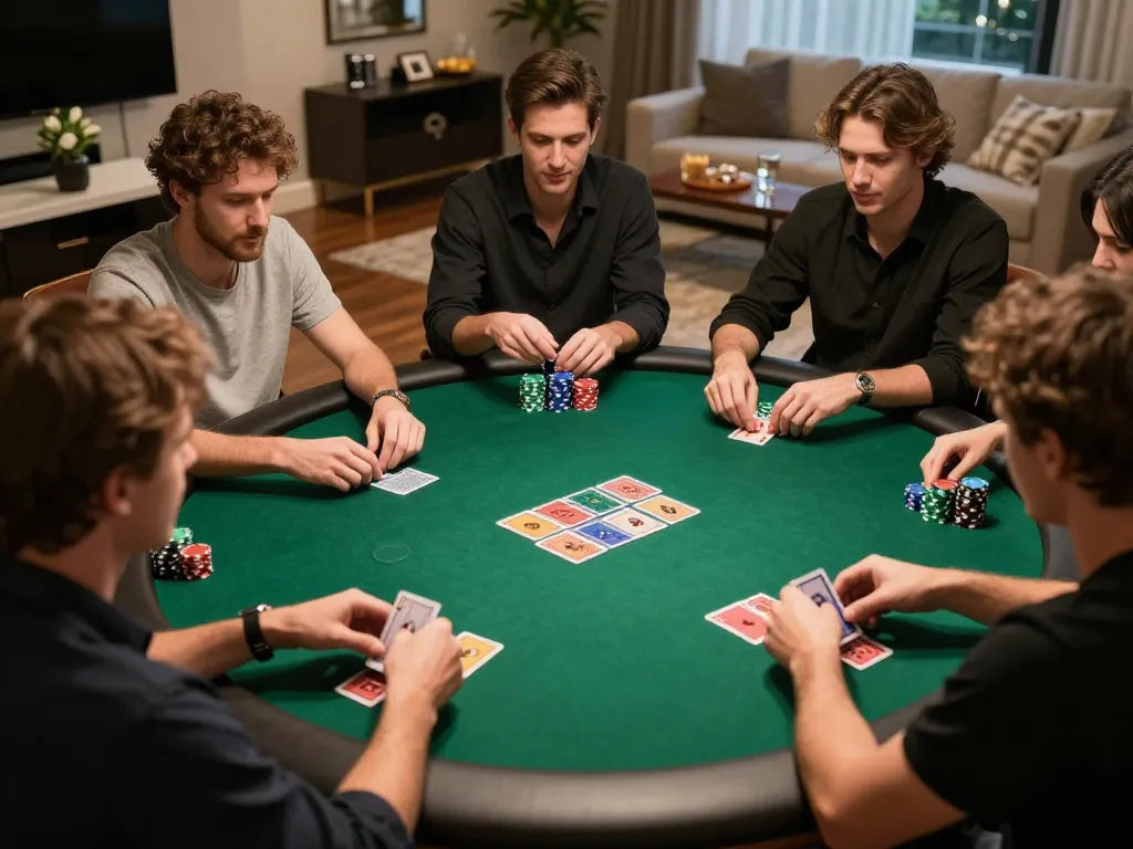 Pemain poker melakukan langkah strategis di malam permainan rumah yang meriah, menangkap kesenangan dari kompetisi yang bersahabat.
