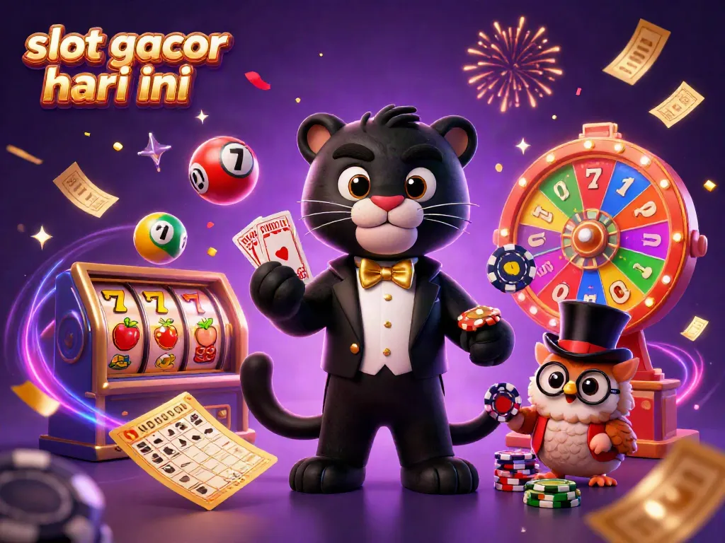 Ilustrasi slot gacor hari ini dengan panther, burung hantu, dan tikus hoki beraksi dalam suasana kasino yang meriah.
