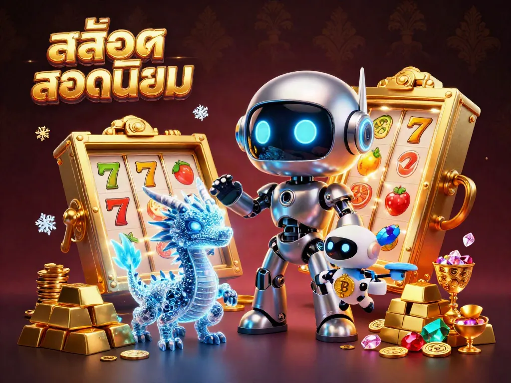 Experience สล็อตยอดนิยม through a vibrant 3D illustration depicting a cyberpunk robot and a holographic dragon amidst shimmering slot machines.