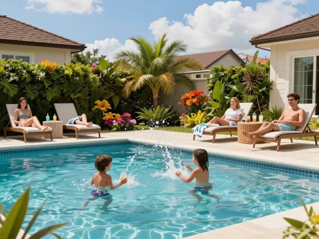 Dolphin Pool Services family enjoying a vibrant backyard pool on a sunny day with splashing children and relaxing parents.