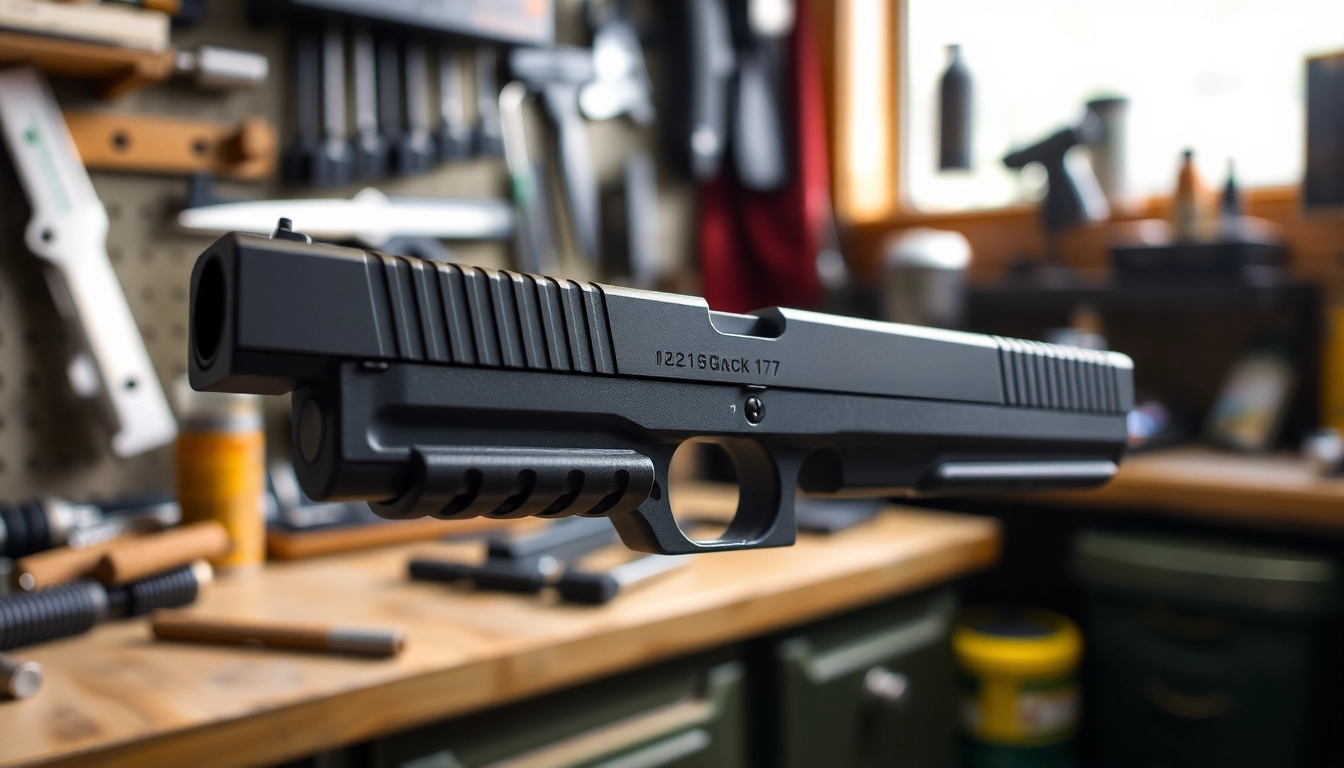 Showcase of a glock 17 slide highlighting its sleek design and craftsmanship in a workshop setting.