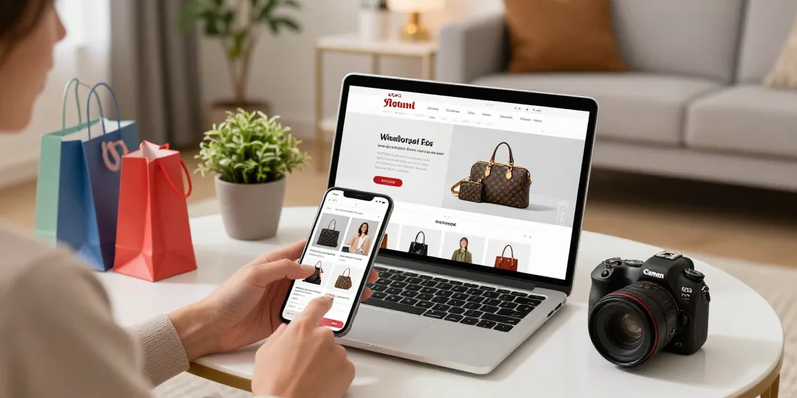 Browsing a 레플리카 사이트 on a smartphone in a stylish apartment, showcasing luxury items and joyful shopping experience.